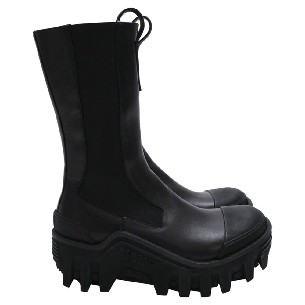 Versace Mid-Calf Leather Chunky Chelsea Boots in Black Leather